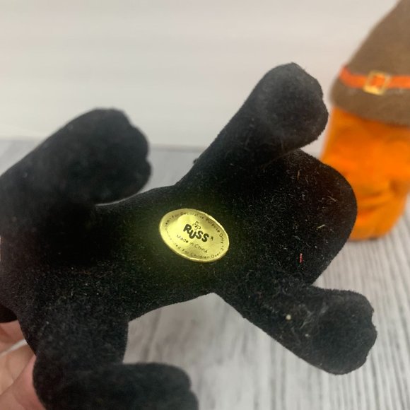 Vintage Russ Flocked Smiling Black Cat Green Eyes And Pumpkin Figures - Picture 5 of 11